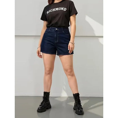 Plus Size Retro Deep Blue Elastic Washed Denim Shorts Women Summer New Y2k Streetwear High Waisted Loose Jean Shorts