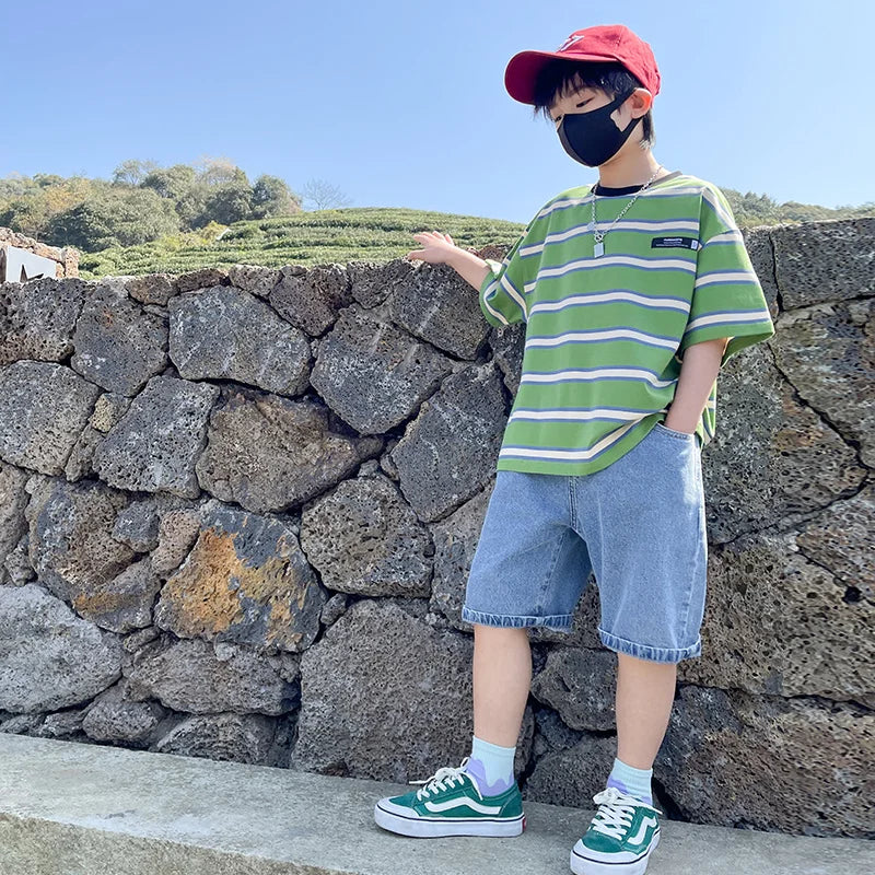 Tween Boy Summer Clothing Set Child Casual Cotton Stripe T-shirt & Denim Shorts 2 Piece Suit Teenage Kids Luxury Clothes Costume