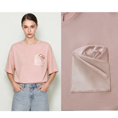 Women's T-Shirt 2026 Summer New Oversized Cotton Short Sleeve Tops Side Slit Mid Length Patch Pocket Tee Shirt 12642037
