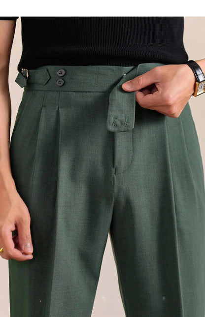 2025 New Italian Style Double Pleated Neapolitan Mens Formal Pants Casual Business Straight Leg High Waist Office Trousers Men