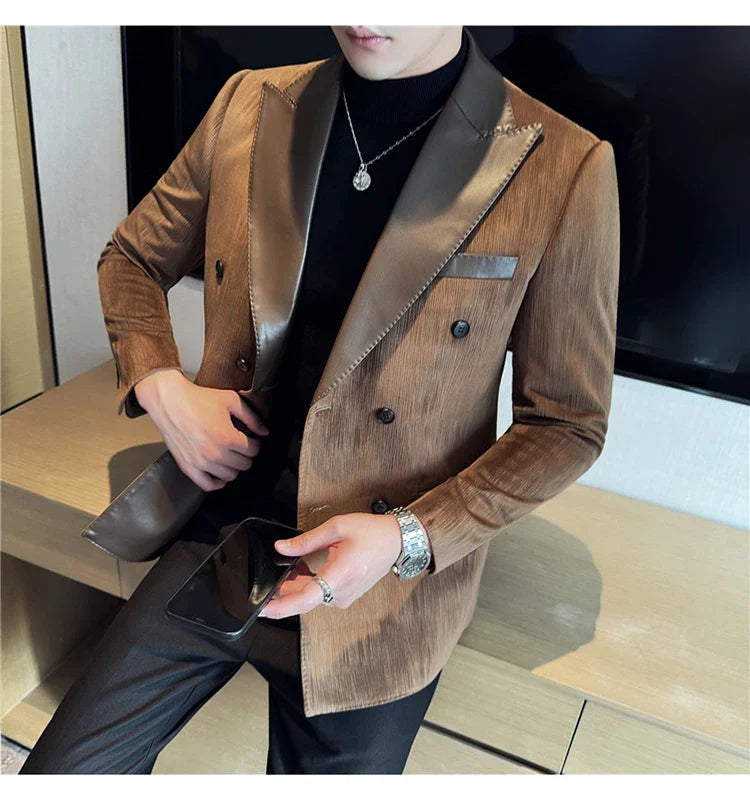British Style Luxury Men Double Breasted Suit Jacket High Quality Fashion PU Leather Neck Spliced Coats Groom Social Party Dress