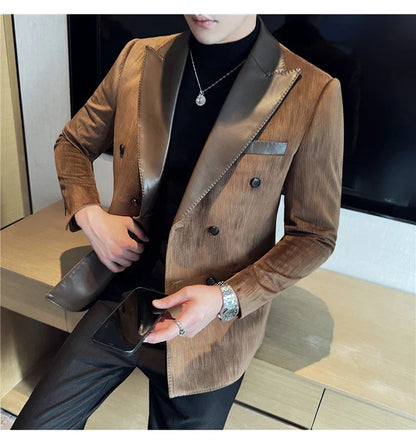British Style Luxury Men Double Breasted Suit Jacket High Quality Fashion PU Leather Neck Spliced Coats Groom Social Party Dress