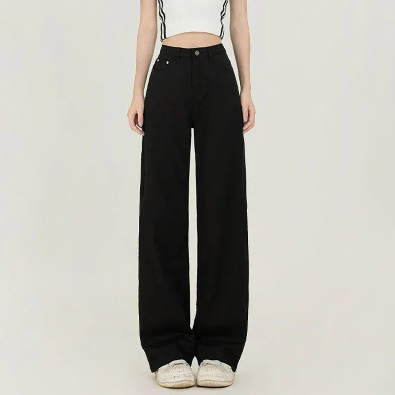 Lady Korean Fashion High Waist Jeans Pants Women Loose Fit Denim Trousers Girls White Casual Straight Leg Pants