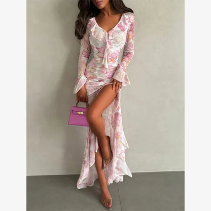 V-neck Organza Floral Chiffon Puff Sleeve Slit Long Dress Bodycon High Slit Bodycon Sexy Dresses Lady Chic Daily Sweet Date Robe