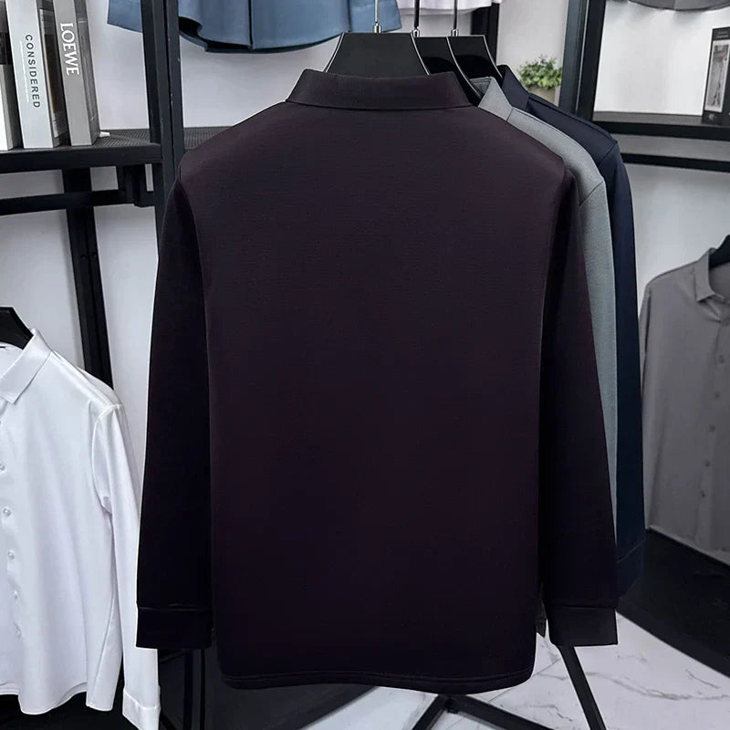 2025 Winter Men's Fashion New Collection with Velvet Long Sleeve T-shirt, Collar with Mulberry Silk and Wool Warmth POLO Sweater