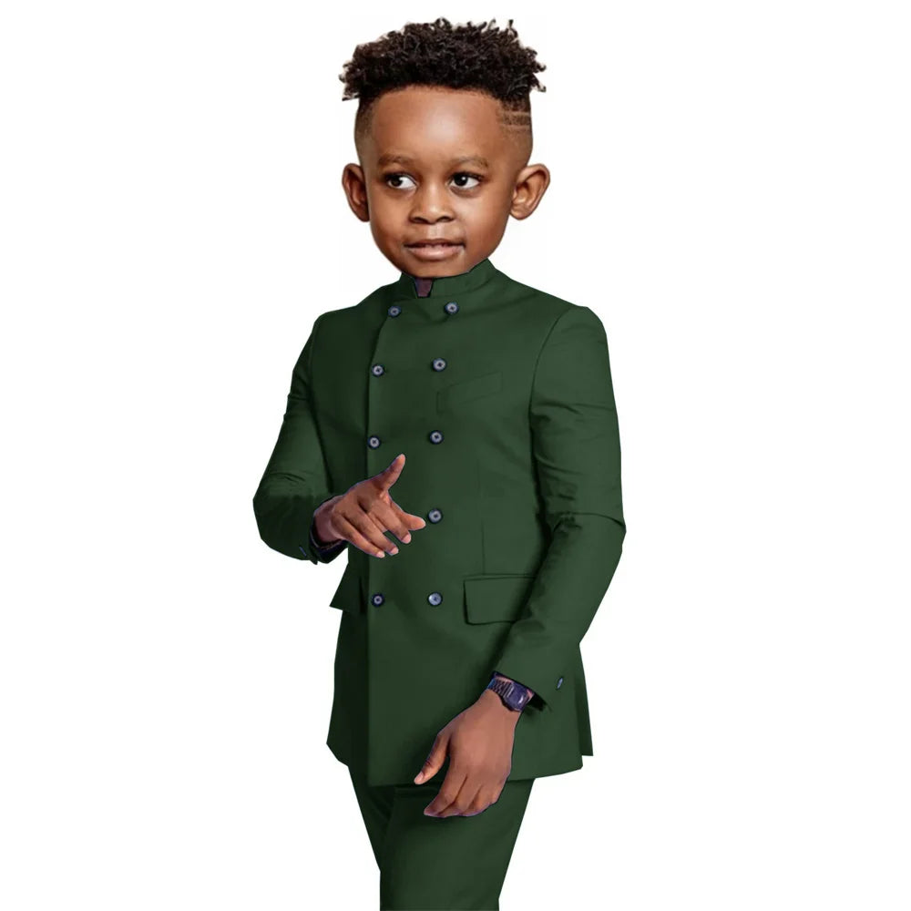Stylish Elegant Boys Stand-up Collar Suits 2 Pieces Jacket Pants Formal Party Wear Double Breasted Kids Suit Set 2-20T