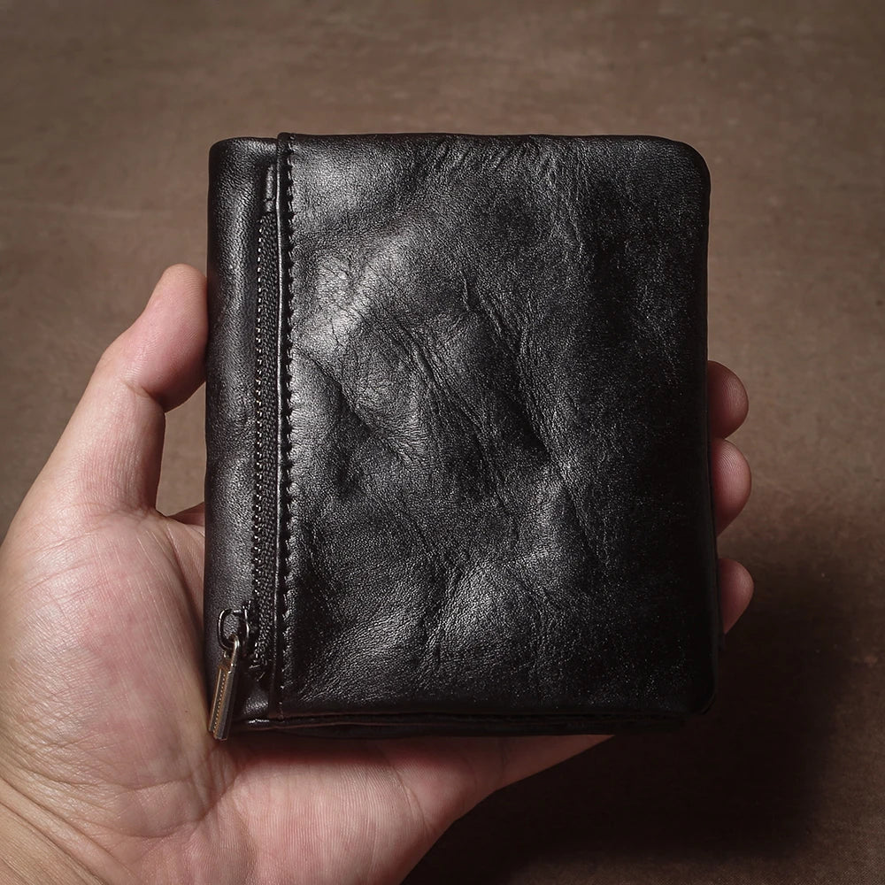 Vintage Genuine Leather Wallet For Men Women Zipper Coin Purse Driver License ID Card Holder Short Bifold Cowhide Purse