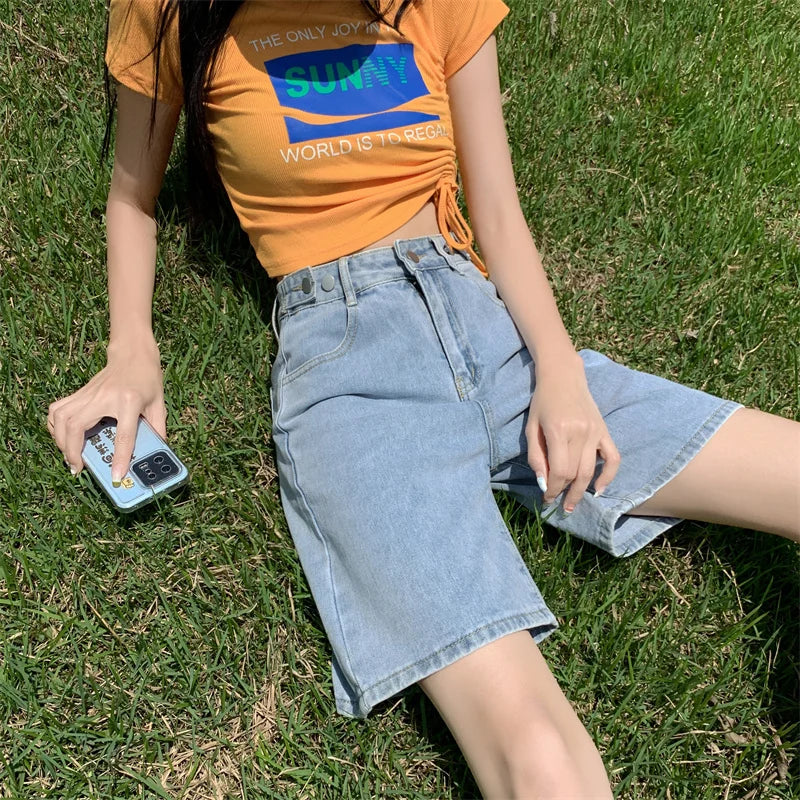 Summer New Korea Fashion Loose Women Jeans Shorts Purple Pink High Waist Straight Pockets Female Wide Short Pants