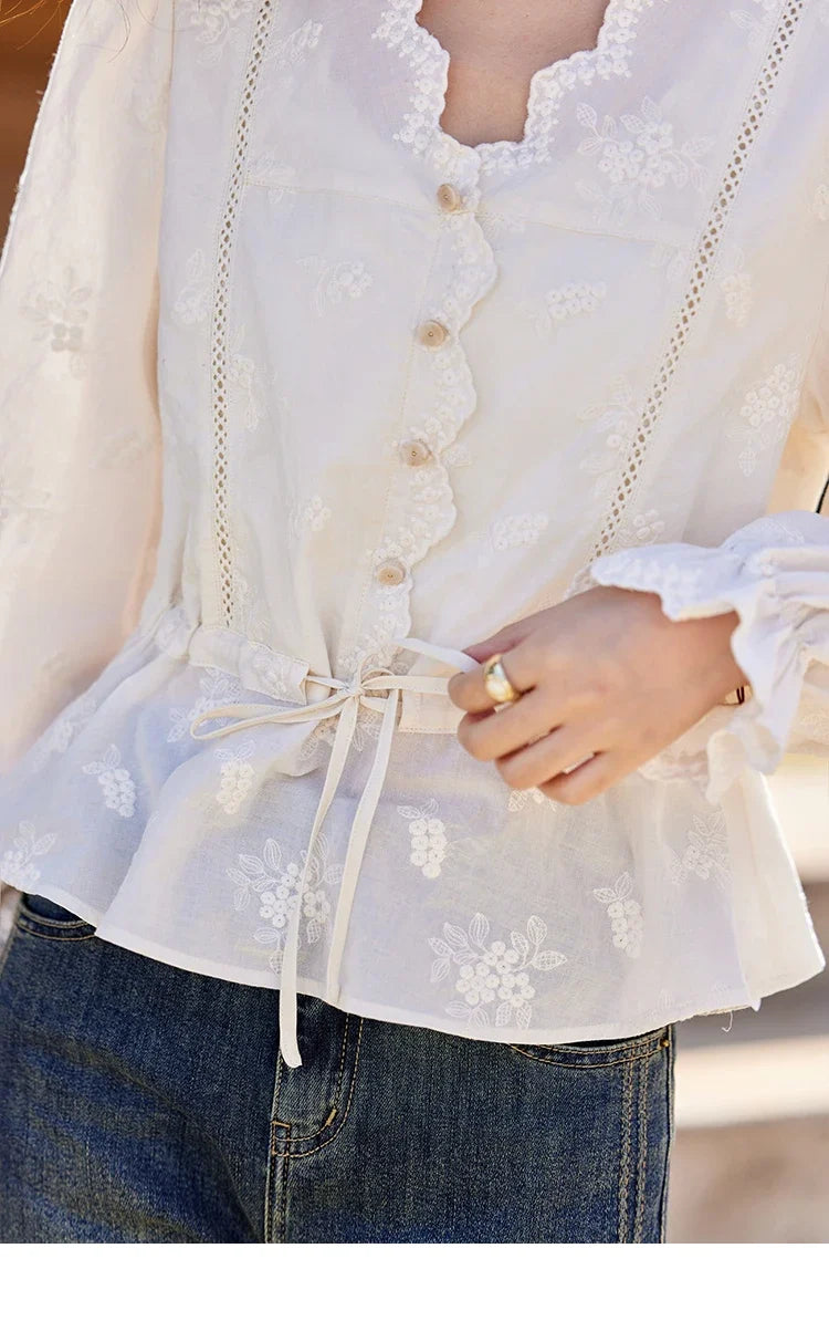 Embroidered Blouse Women 2025 Spring New French Elegant Apricot Lace Premium Drawstring Design V Neck Tops MXE11X1708