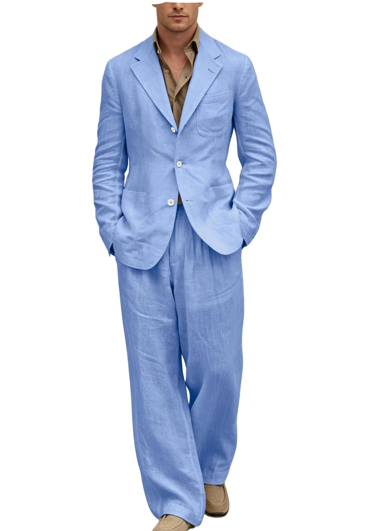 Men's Linen Suit 2 Pieces Set Casual Blazer & Wide Leg Pants Notch Lapel Breathable Wedding Business Party Jacket Tuxedo Summer