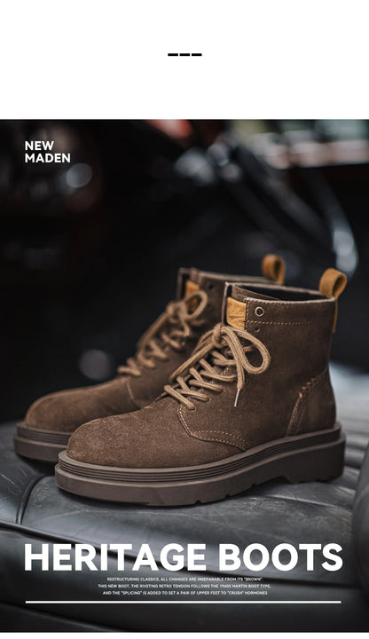 Maden New Vintage Brown Winter Work Boots Casual Suede High-top Boots Thick Soles Round Toes Shoes Men's Shoelaces Boots