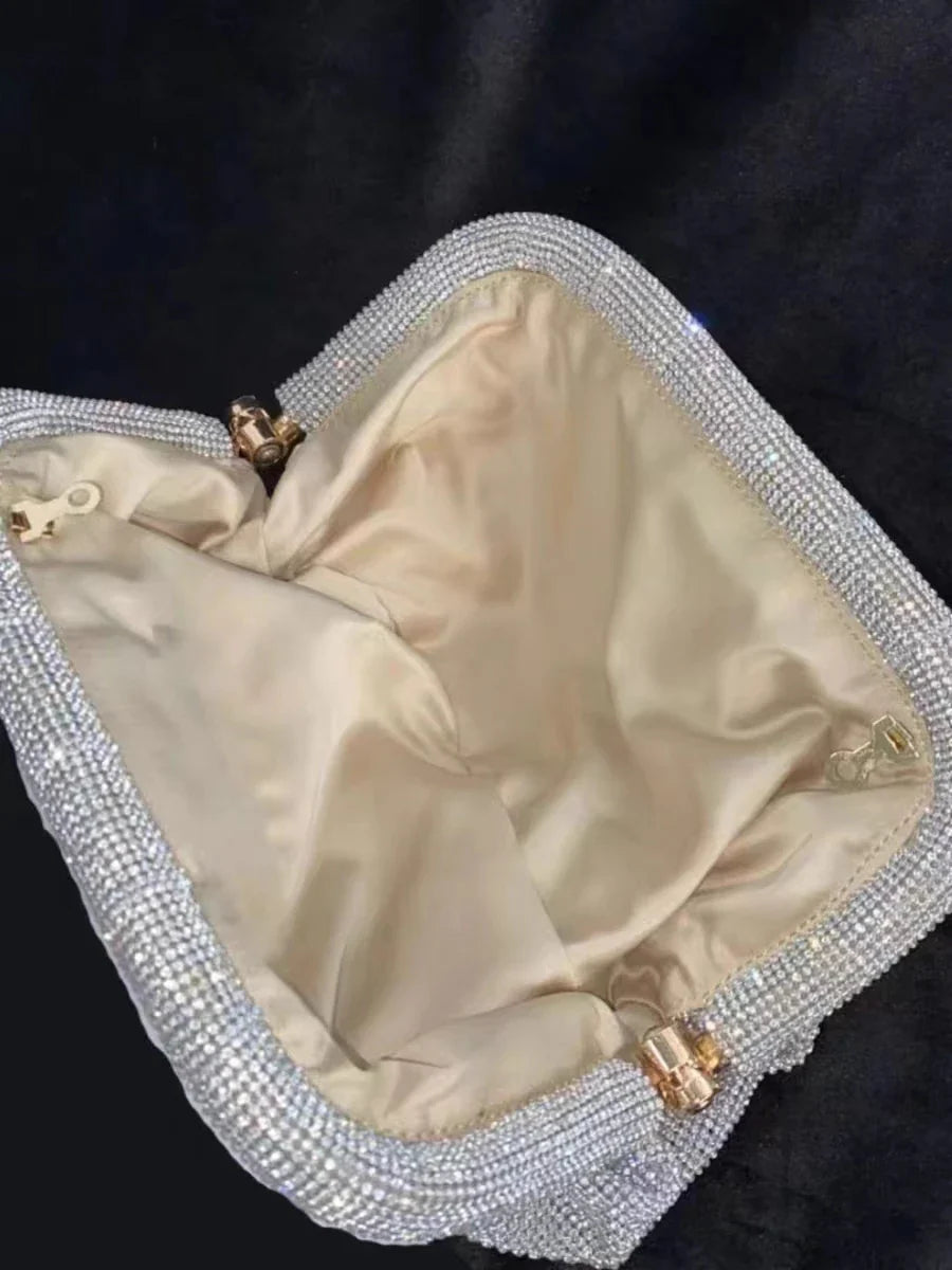 Shiny Silver Rhinestone Clutch Bags Women 2023 Luxury Designer Trending Boutique Folds Crystal Purses and Handbags Wedding Party