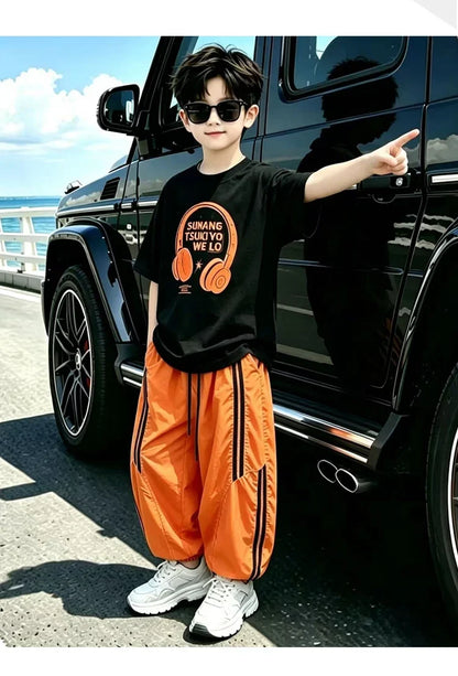 Street Style Children Luxury Summer Outfit Top And Bottom Set for Teen Boys T-shirt Pants Suit Kids Fashion Streetwear Clothes