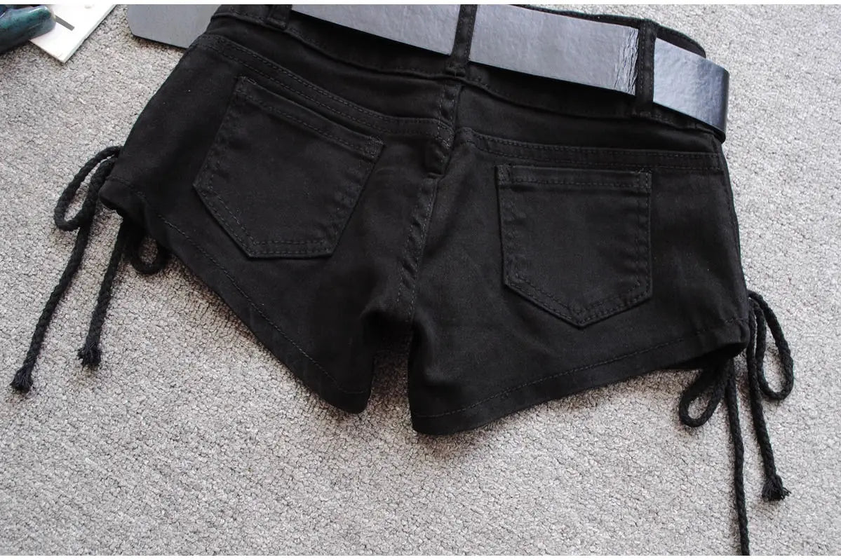 Korean Low Rise Denim Shorts 2024 - Riveted Lace Up Bodycon Black Hot Pants Vintage Cheeky Booty Summer TikTok Y2K Outfit