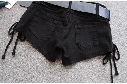 Korean Low Rise Denim Shorts 2024 - Riveted Lace Up Bodycon Black Hot Pants Vintage Cheeky Booty Summer TikTok Y2K Outfit