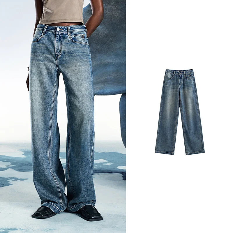 Women Denim Jeans 2025 Spring New Acetate Wide Leg Mid Low Waist Slim Fit Straight Wide Leg Pants