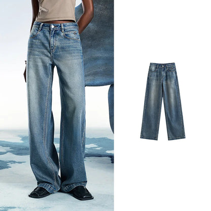 Women Denim Jeans 2025 Spring New Acetate Wide Leg Mid Low Waist Slim Fit Straight Wide Leg Pants