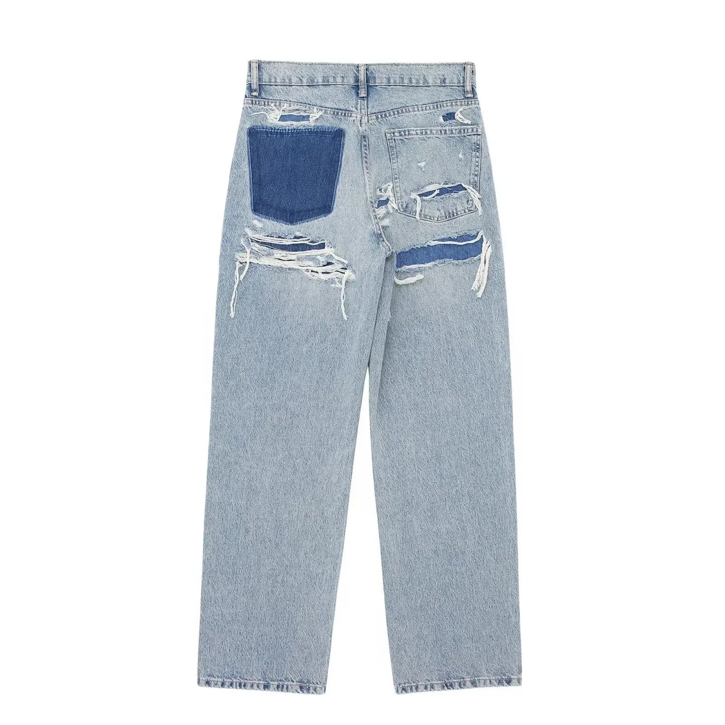 2024 Women's Street Fashion Denim Blue Jeans Distressed Patchwork High Waist Zipper Fly Ripped Retro Long Pants