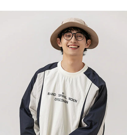 Japanese-inspired Color-blocked Crew Neck Sweatshirt with Patchwork Design: Men's Spring/Autumn Outdoor Leisure
