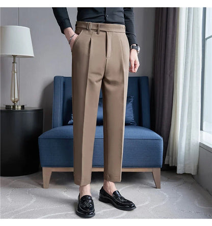 2026 Texture Naples Men's Solid Color Casual Pants Fashion Belt Design Slim Fit Suit Pants Formal Wear Wedding Social Trousers
