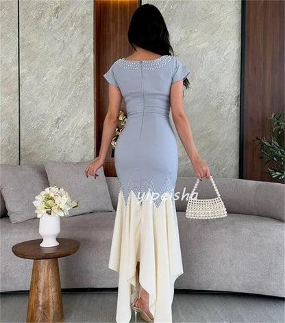Customized Sparkle Intricate Jersey Sequined Pearl Pleat Ruched Mermaid Scoop Neck Midi Dresses Bespoke Occasion Dresses Retro