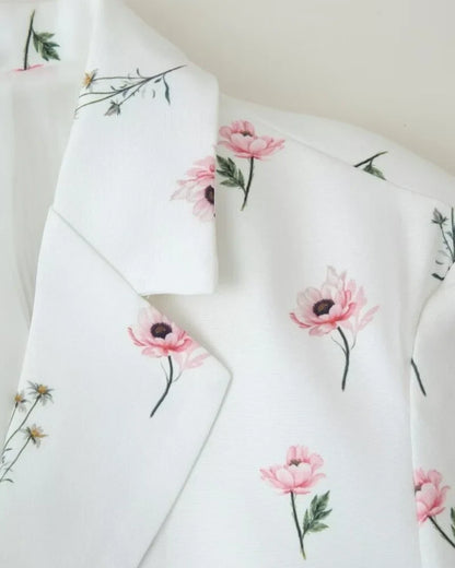 Women's Floral Print Blazer, White Pink Flower Casual Suit Jacket, Notch Lapel Loose Outwear with Tie Waist, Spring Daily Wear