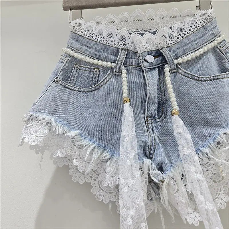 2026 Summer Denim Shorts New Splicing Hook Flower Lace Lace with Waist Rope Tassel Denim Shorts Women's Hot Pants Trend