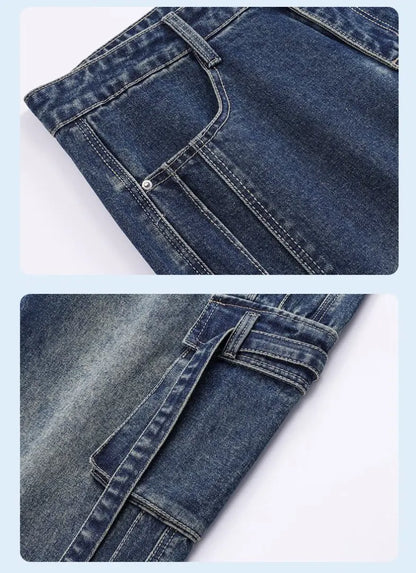 Autumn New Men's Loose Jeans Multi-pocket Work-wearing Jeans Street Hip-hop Straight Wide-leg Pants Baggy Dance Pants
