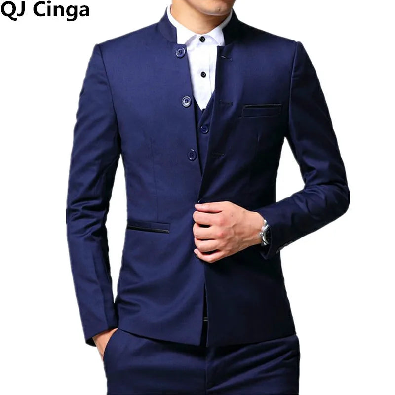 Black Stand Collar Men's 3-Piece, Wedding Party Blazer Jacket and Vest with Pants, Blue Asian Size Slim Fit Sets.