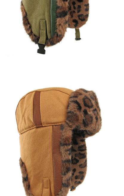Bomber Hat Men Women Thick Warm Winter Hat Leopard Fur Earflap Cap Male Female Russian Hat Windproof Snow Ski Trapper Cap