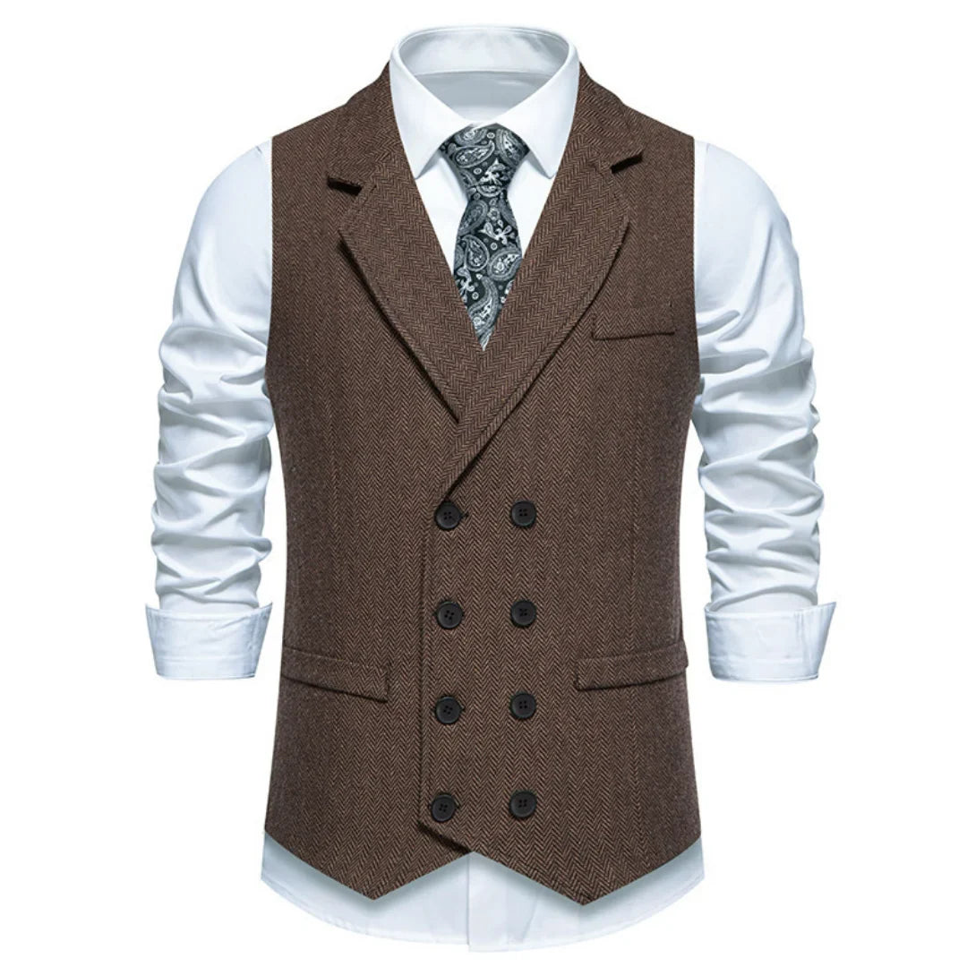 Men Vest Gray Herringbone Double Button With Lapel Waistcoat For Wedding Groom Business Banquet Office Work Men Suit Vest