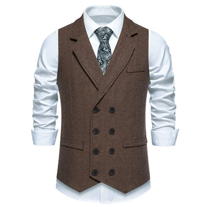 Men Vest Gray Herringbone Double Button With Lapel Waistcoat For Wedding Groom Business Banquet Office Work Men Suit Vest