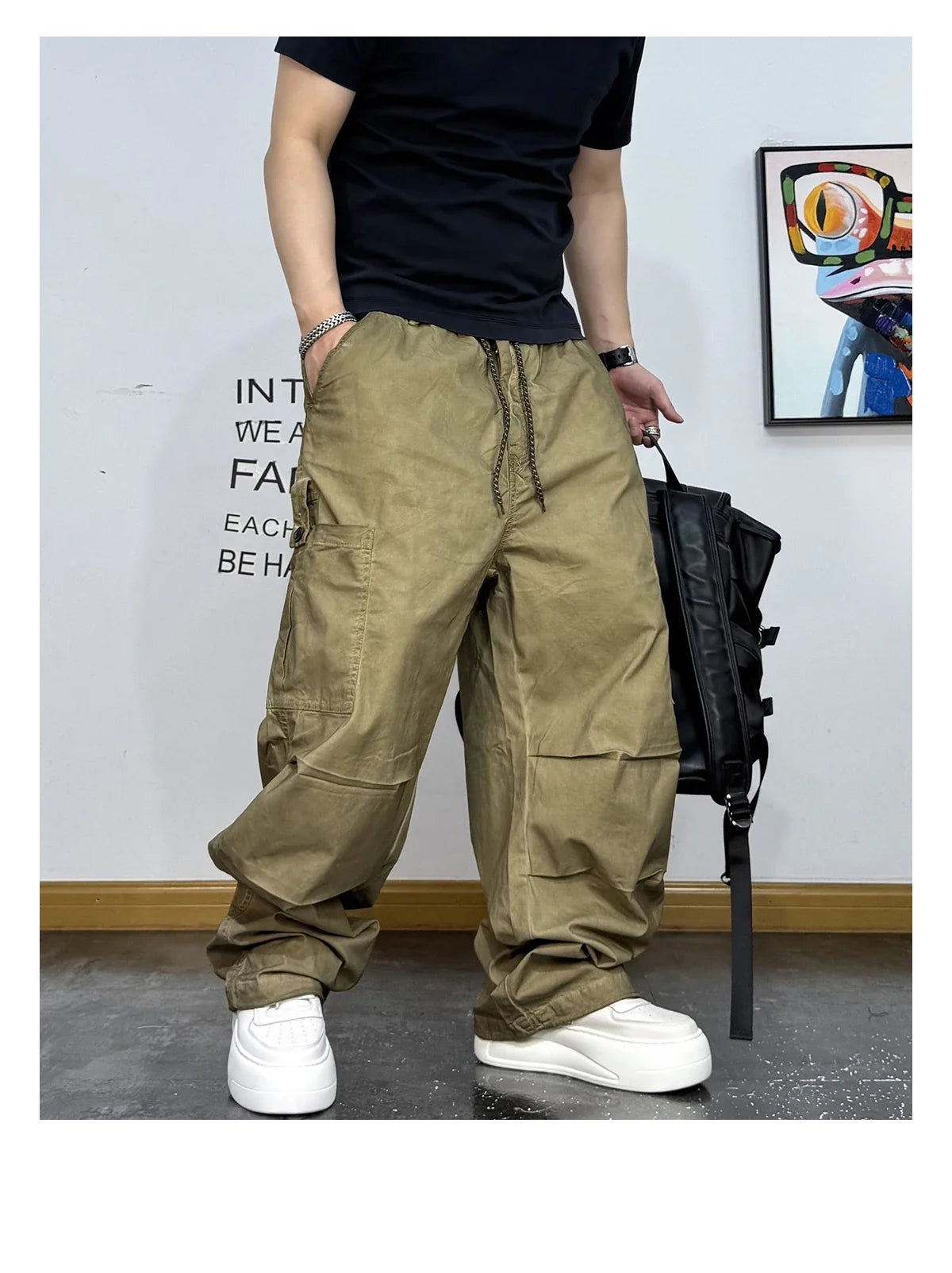 Mens American Vintage Baggy Cargo Pants Multi Pocket Distressed 100% Cotton Straight Leg Loose Fit Premium Quality Pants Trendy