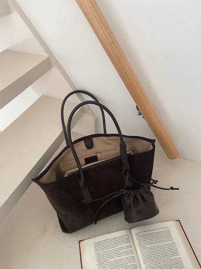 Vintage Large Capacity Suede Tote Bag Designer Trapeze Shoulder Bags for Women Luxury Genuine Leather Handbag and Purse 2026