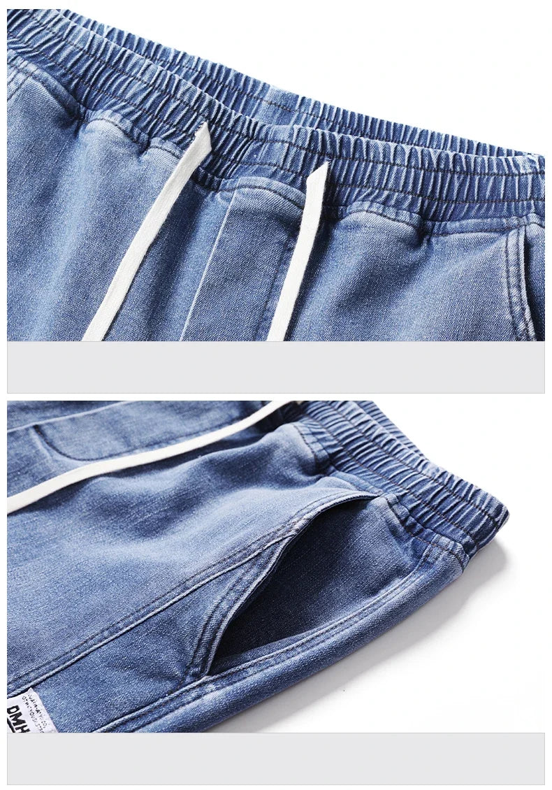 Autumn Winter Blue Jeans Men Drawstring Elastic Waist Cotton Cargo Denim Pants Work Fashion Thick Trousers Male Plus Size M-4XL
