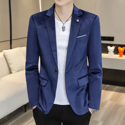 2026 Men's Red Slim Suit Jacket, Long Sleeve Single Button Dress Coat, Asian Size Teenagers Blazers Blue Green Black Male Tops