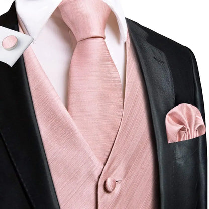 Luxury Silk Mens Vests Rose Gold Pink Striped Waistcoat Necktie Bowtie Hanky Cufflinks Set Waist Jacket For Men Wedding