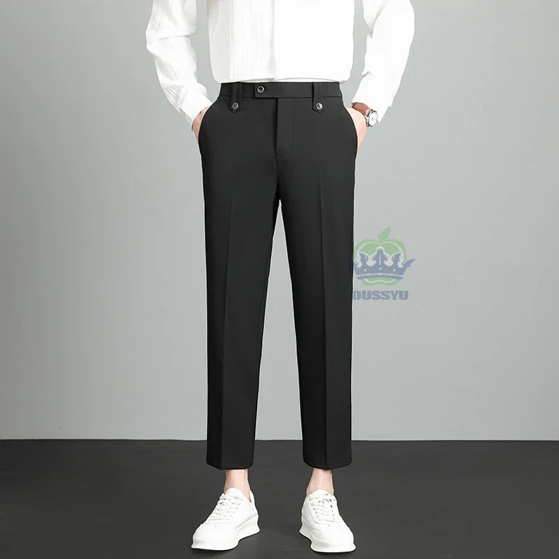 Brand High Quality Business Suit Ankle Length Pants Men Grey Khaki Waist Design Work Office Formal Long Trousers Male