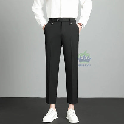 Brand High Quality Business Suit Ankle Length Pants Men Grey Khaki Waist Design Work Office Formal Long Trousers Male