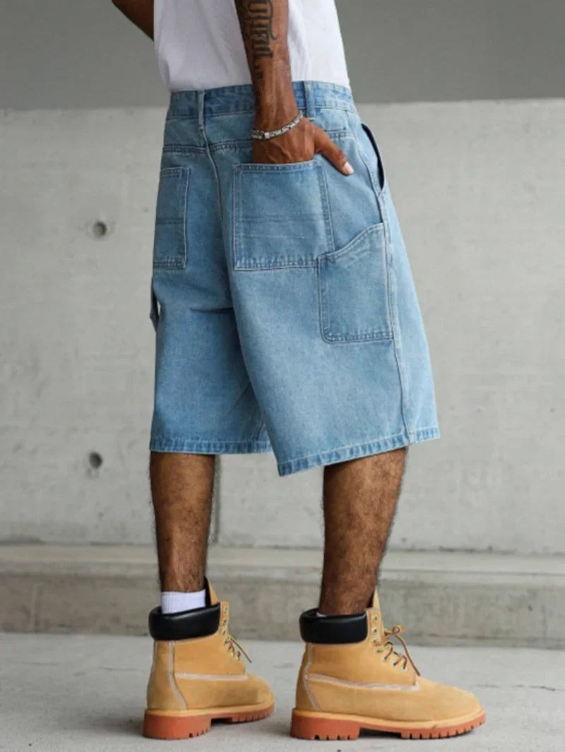Men's Light Blue Wide-Leg Utility Denim Shorts for Summer