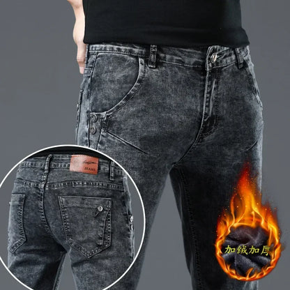 Winter Thick Plus Velvet Men Middle Waist Skinny Jeans Simple Fleece Warm Slim Fit Stretch Boy Casual Denim Pencil Pants