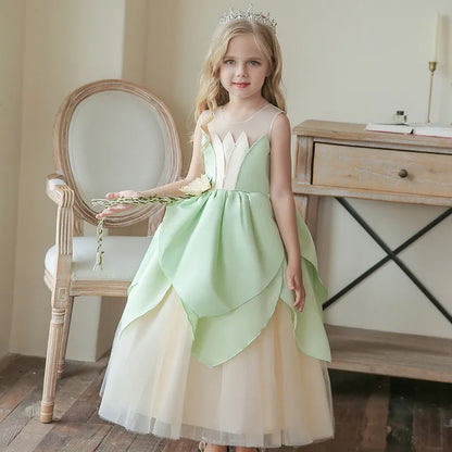Girls Cosplay Tiana Yellow Short-Sleeved Fluffy Princess Dress For Girl Birthday Party Princess Dress With Accessories