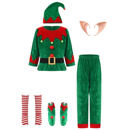 Boys Christmas Elf Costume Xmas Santa Clause Set with Shirt Pants Hat Elf Ears Belt Stockings Festivals New Year Fancy Dress Up