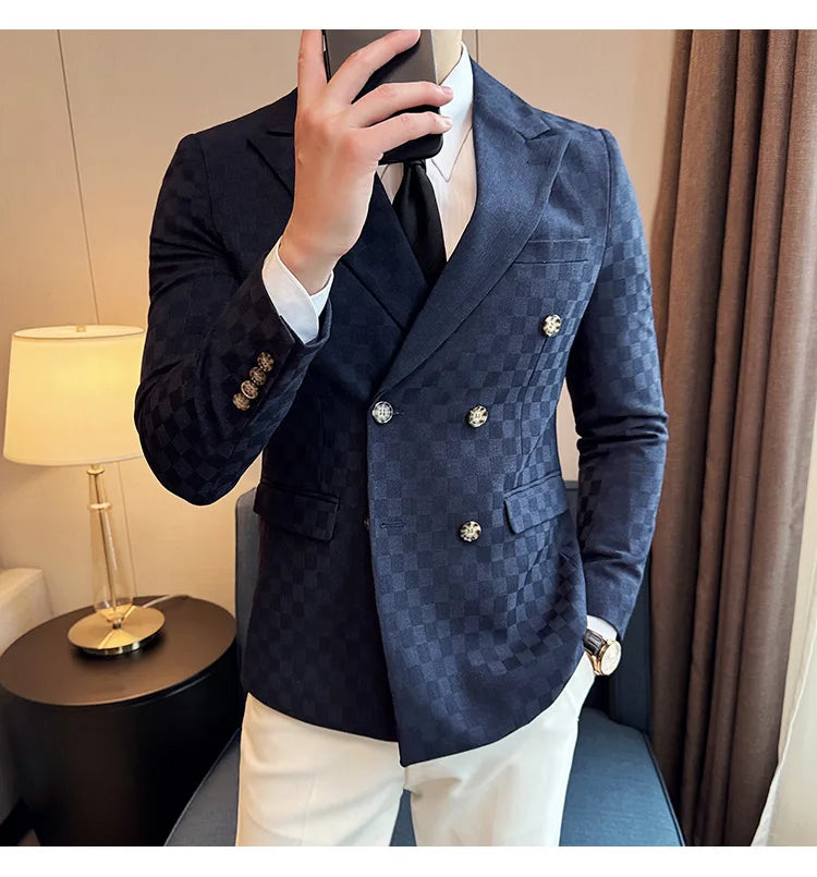 6 Color Luxury Double Breasted Blazers Coats 2024 New Fashion Checkered Business Slim Fit Social   Formal Suit Jacket 5XL-M