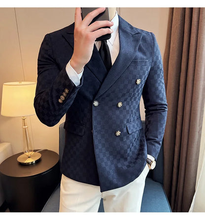 6 Color Luxury Double Breasted Blazers Coats 2024 New Fashion Checkered Business Slim Fit Social   Formal Suit Jacket 5XL-M