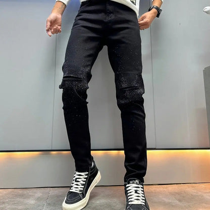 Korean Luxury Clothing Hot Diamonds Cowboy Pants Men 2025 Black Men's Slim HOLE Jeans Spring Autumn Denim Distressed Trousers