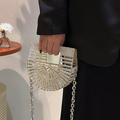 Women's Half-Moon Evening Bag Luxury Designer Rhinestone clutch bag Fan Shape Golden Party Bag Mini Sparkling Wedding Purse