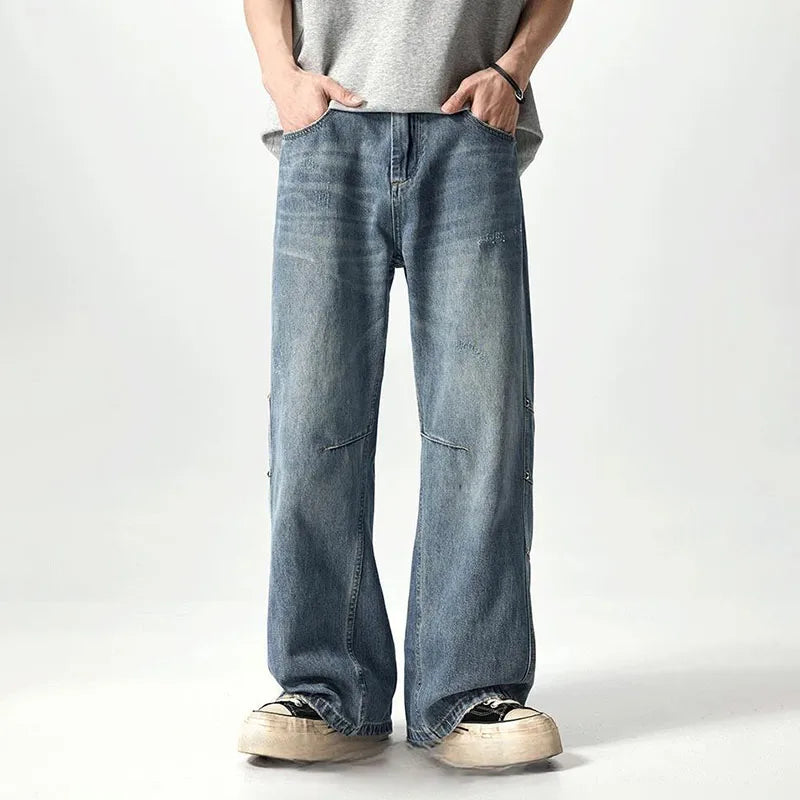 Japanese And Korean Retro Straight Leg Jeans With Loose Fit Men'S Workwear Wide Leg Pants High Street Casual Curved Knife Pants