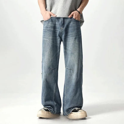 Japanese And Korean Retro Straight Leg Jeans With Loose Fit Men'S Workwear Wide Leg Pants High Street Casual Curved Knife Pants