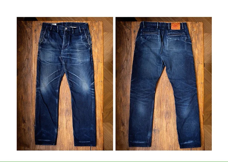 Blue-Black Officer Trousers Slim Straight Fit 14oz Indigo Selvedge Denim Jeans